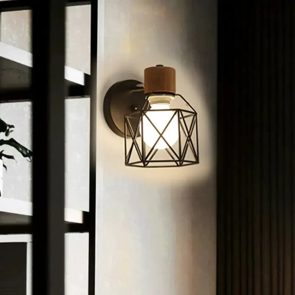 Industrial iron cage wall light with black metal geometric sconce and wooden top cap for bedroom decorbites iron cage