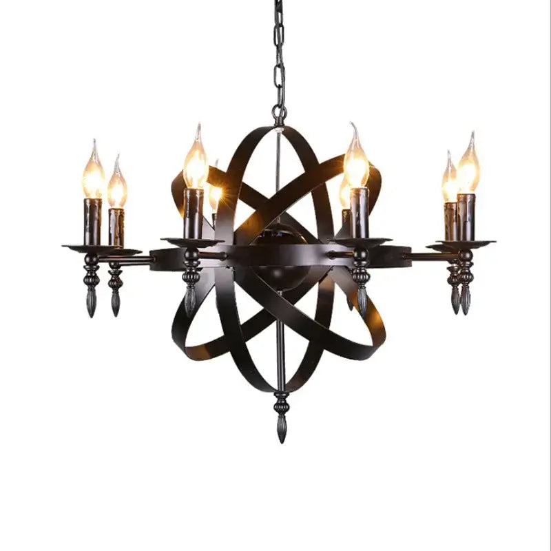 Black wrought iron industrial iron chandelier by decorbites with atomic design and six lit candle bulbs for living room decor