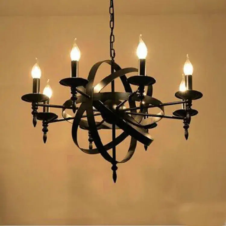 Black wrought iron industrial iron chandelier with five candle-style bulbs and spherical globe design for living room decorbites industrial iron