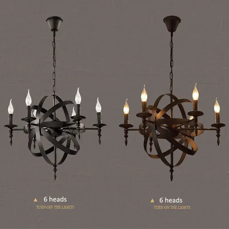 Black wrought iron industrial iron chandelier by decorbites with six candle-style bulbs and intricate spherical design for living room decor