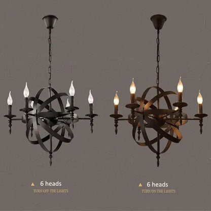 Black wrought iron industrial iron chandelier by decorbites with six candle-style bulbs and intricate spherical design for living room decor
