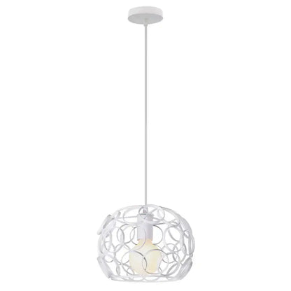 White pendant light with spherical cage design made of interlocking metal rings in decorbites industrial iron pendant style