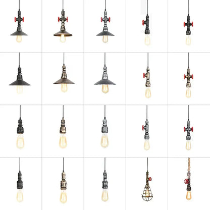 Industrial iron pipe pendant light with black and brass metal fixtures red valve accents and exposed Edison bulbs for kitchen decorbites iron pipe pendant