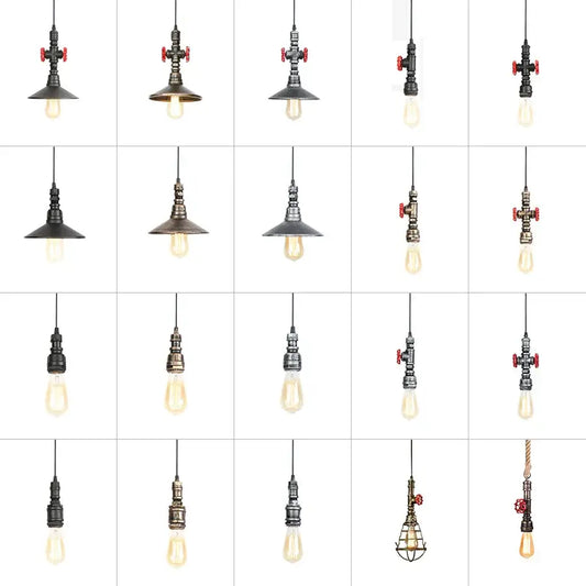 Industrial iron pipe pendant light with black and brass metal fixtures red valve accents and exposed Edison bulbs for kitchen decorbites iron pipe pendant