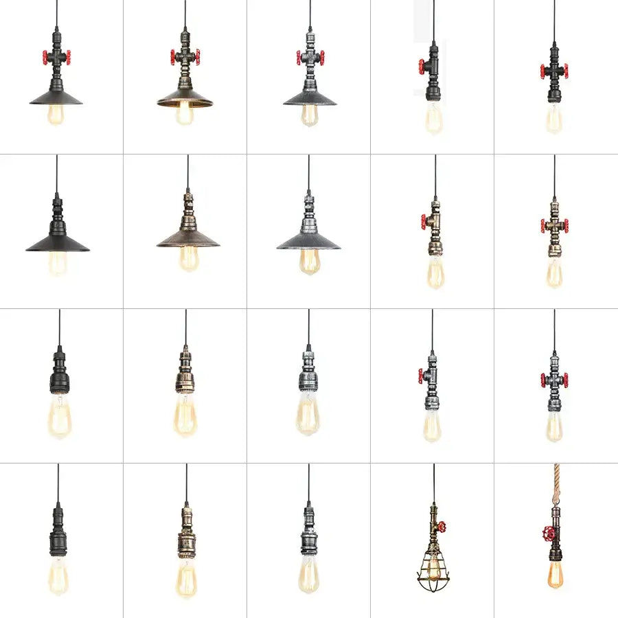 Industrial iron pipe pendant light with black and brass metal fixtures red valve accents and exposed Edison bulbs for kitchen decorbites iron pipe pendant