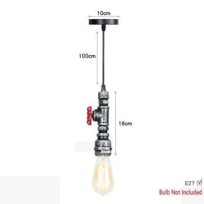 Industrial iron pipe pendant light with black metal pipe, brass valve accent, and exposed Edison bulb for kitchen decorbites