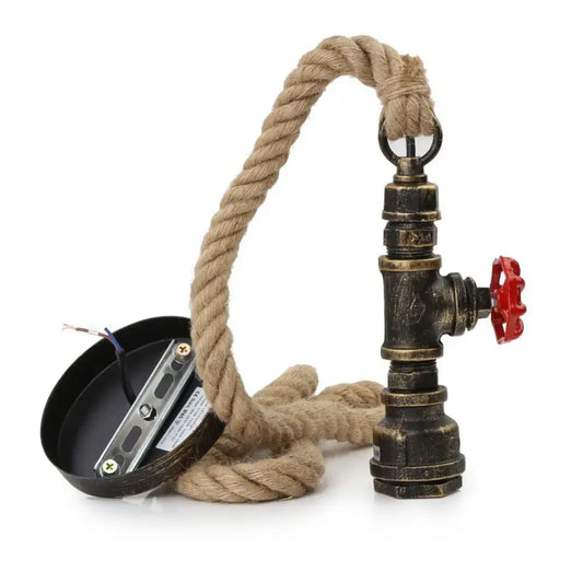 Industrial iron pipe pendant light with thick beige rope and vintage brass pipe featuring red valve handle for dining room decorbites iron pipe pendant
