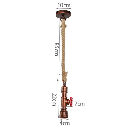 Industrial iron pipe pendant light with copper pipes red valve and natural twine suspension for dining room decorbites iron pipe