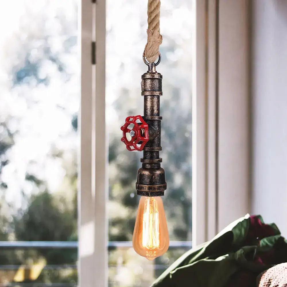 Industrial iron pipe pendant light with dark metal pipe body red valve handle and exposed bulb for dining room decorbites iron pipe