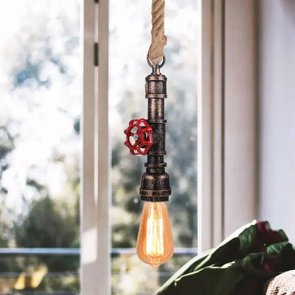 Industrial iron pipe pendant light with dark metal pipe body red valve handle and exposed bulb for dining room decorbites iron pipe