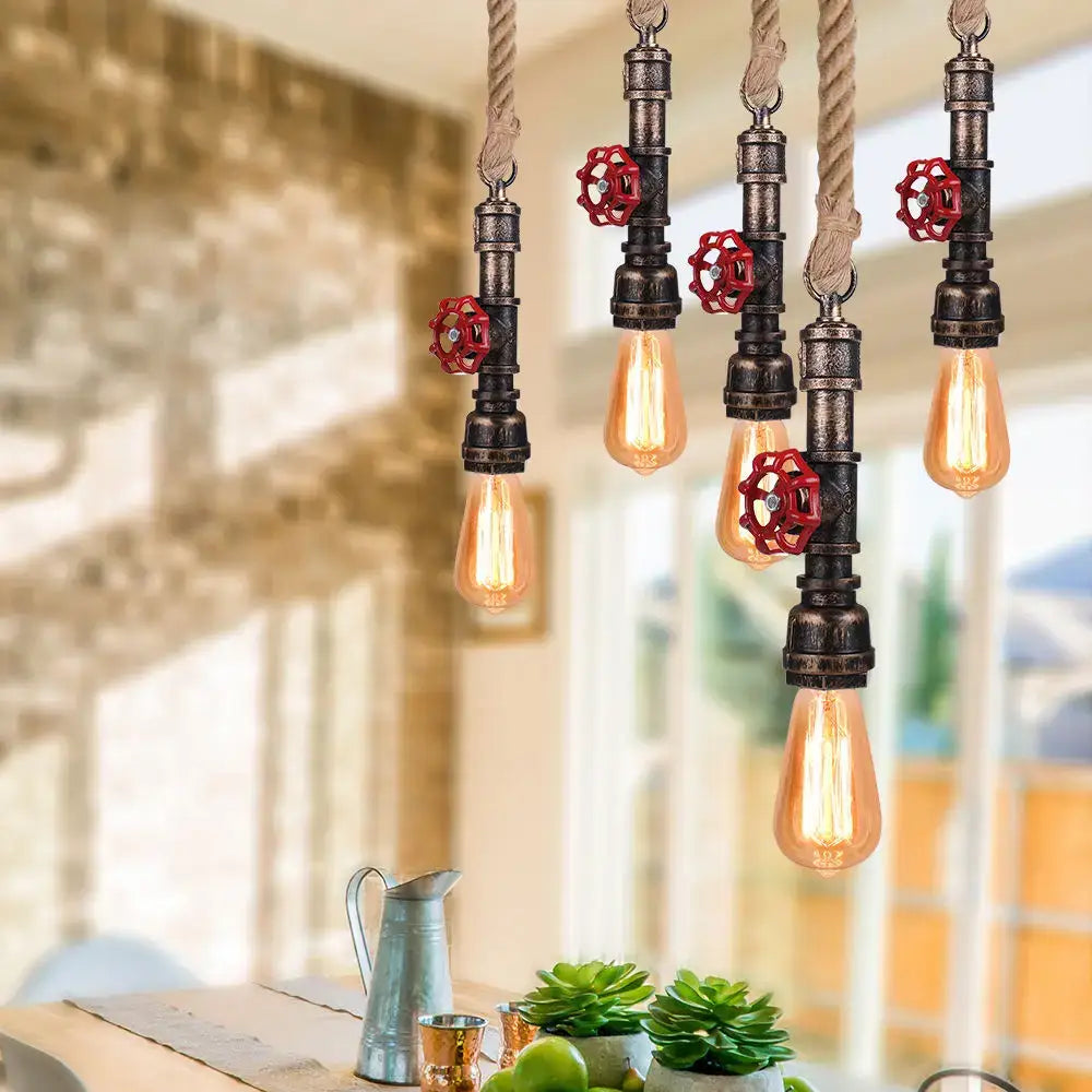 Industrial iron pipe pendant light with black metal pipes red valve handles rope and exposed filament bulbs for dining room decorbites iron pipe pendant light