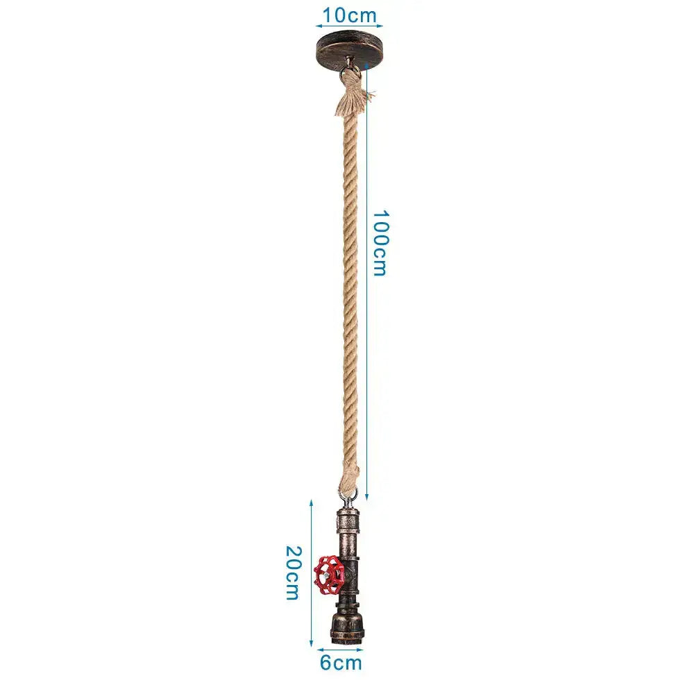 Industrial iron pipe pendant light with dark metal fixture, natural twine rope suspension, and red valve accent for dining room decorbites iron pipe pendant light
