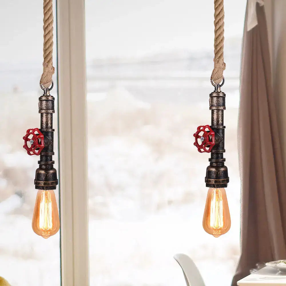 Industrial iron pipe pendant light with black metal pipes red valve handles and beige rope for dining room decorbites iron pipe