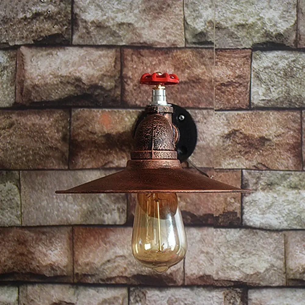 Industrial iron rust wall light with copper pipe design, red valve handle, and exposed filament bulb for bedroom decorbites industrial iron style
