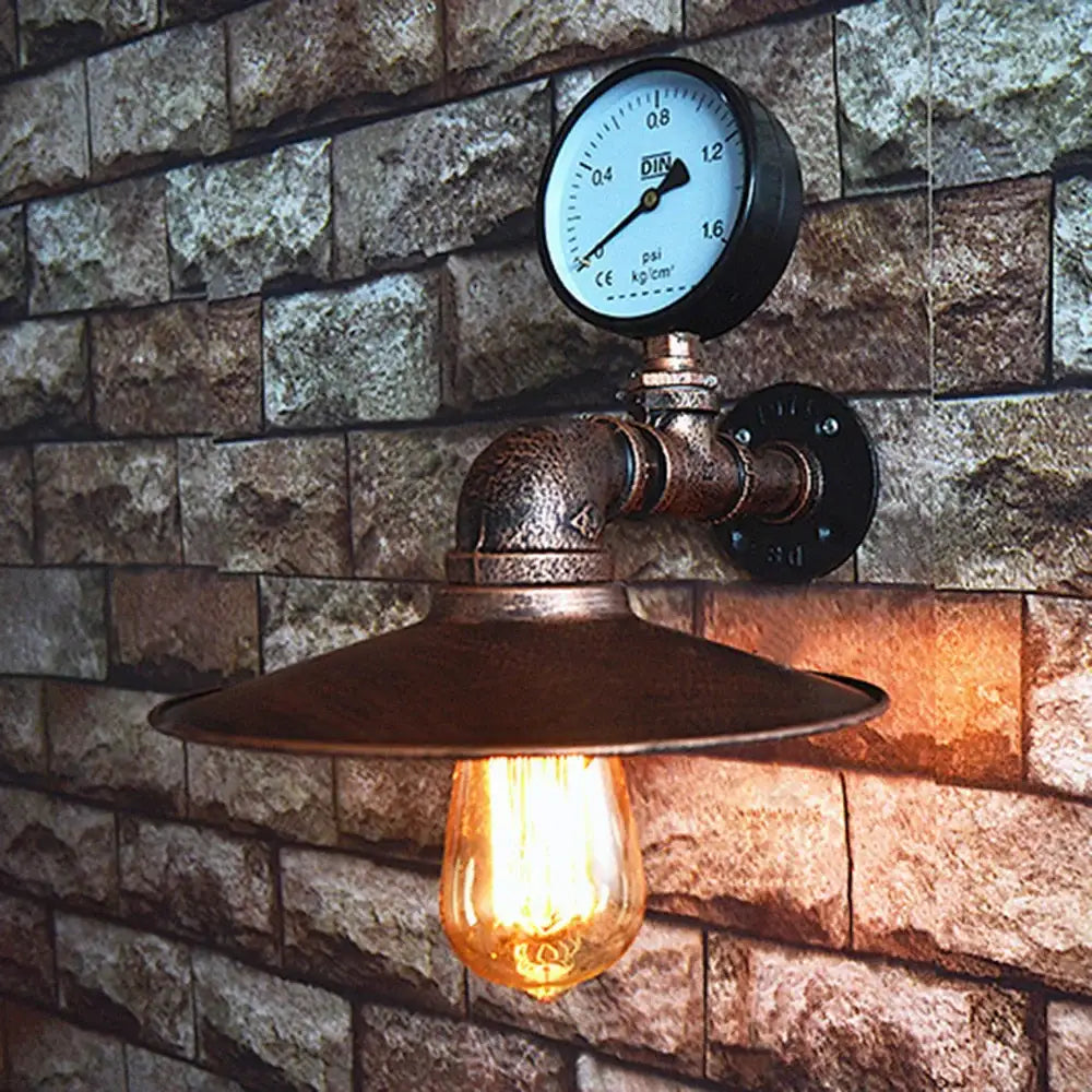 Industrial iron rust wall light with copper-finished pipe and metal shade featuring exposed edison bulb by decorbites industrial iron