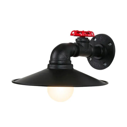 Black industrial iron rust wall light with red valve and conical shade for vintage living room decorbites industrial iron