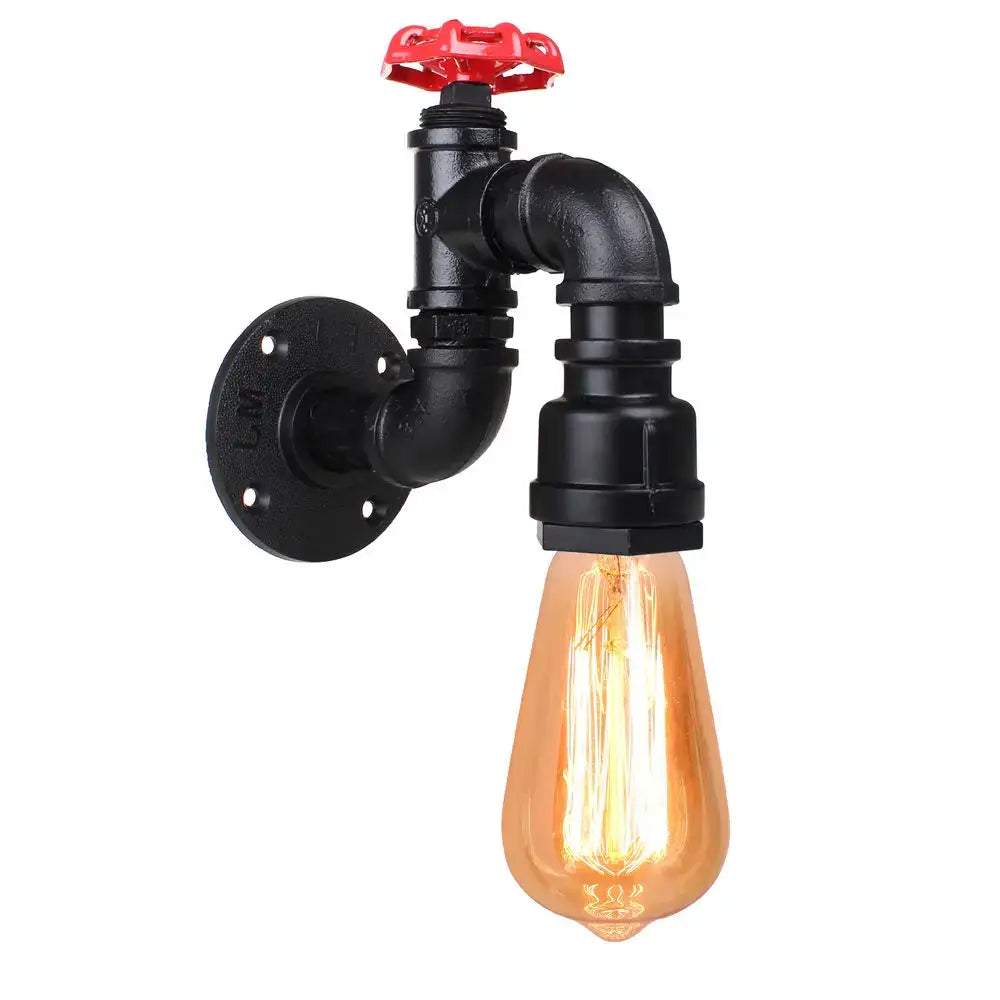Industrial iron rust wall light featuring a black pipe sconce with red valve handle and glowing amber filament bulb