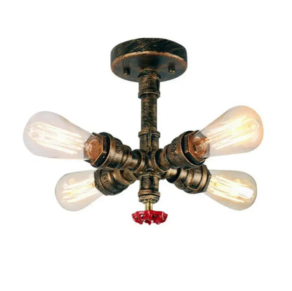 Industrial iron rust wall lights with four exposed filament bulbs and dark bronze water pipe design for living room sconce