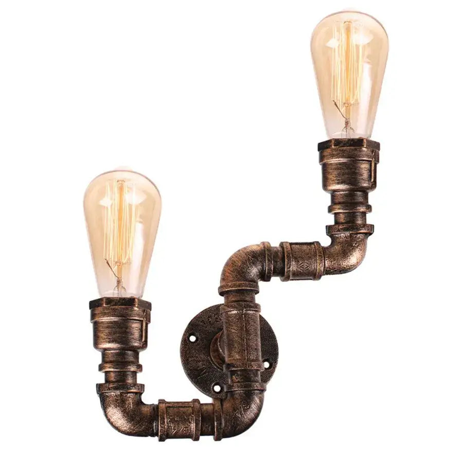 Industrial iron rust water pipe wall lights featuring two exposed filament bulbs in vintage brass pipe fittings for living room