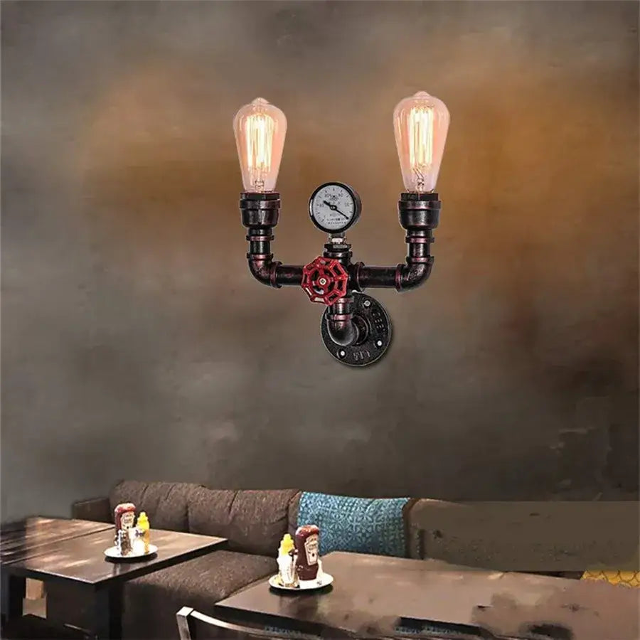Industrial iron rust water pipe wall lights with black metal pipes, two filament bulbs, red valve, and pressure gauge for living room