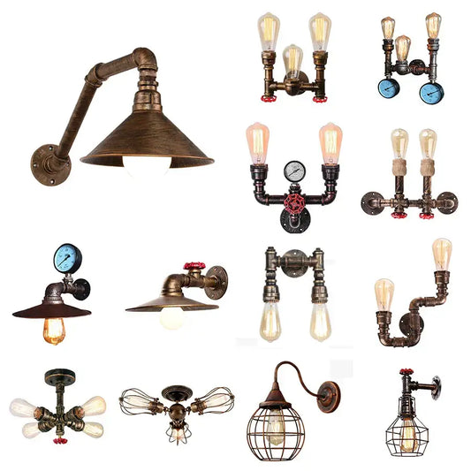 Industrial iron rust water pipe wall lights featuring brass and black metal pipes with vintage edison bulbs and gauges