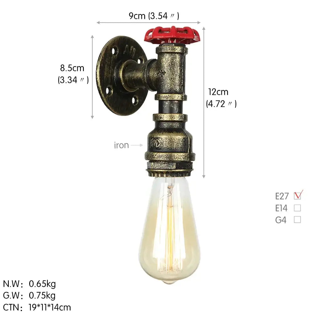 Industrial iron wall lamp with brass pipe design, red valve handle, and exposed Edison bulb for bedroom decorbites industrial iron