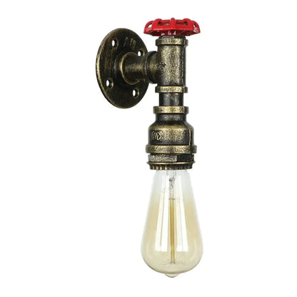 Industrial iron wall lamp with brass pipe and red valve featuring exposed filament bulb for bedroom decorbites industrial iron wall