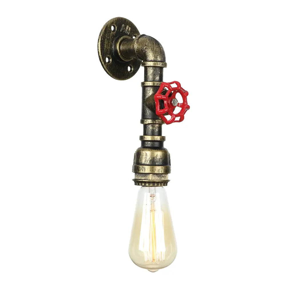 Industrial iron wall lamp brass pipe with red valve featuring clear filament bulb for bedroom decorbites industrial iron wall lamp