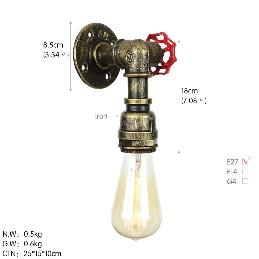 Industrial iron wall lamp with brass-finished pipe and red valve handle featuring exposed Edison bulb for bedroom decorbites industrial iron