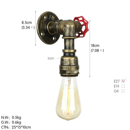 Industrial iron wall lamp with brass-finished pipe and red valve handle featuring exposed Edison bulb for bedroom decorbites industrial iron