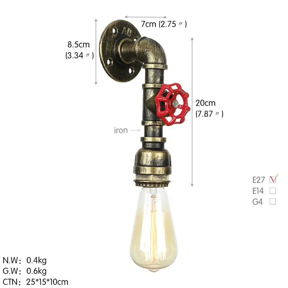 Industrial iron wall lamp with brass pipe and red valve featuring exposed Edison bulb for bedroom decorbites industrial iron