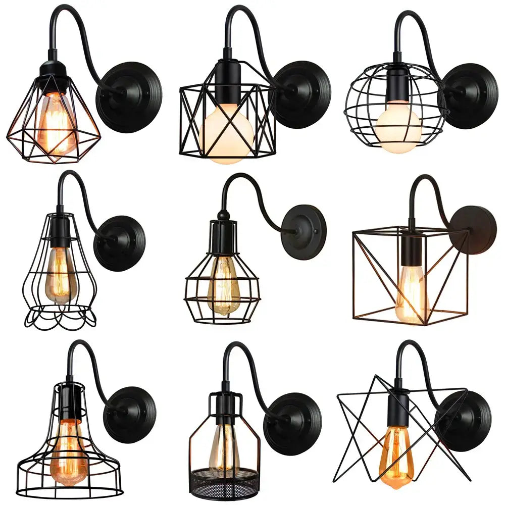 Black metal cage wall sconce with exposed Edison bulbs industrial iron wall decorbites industrial iron wall fixture