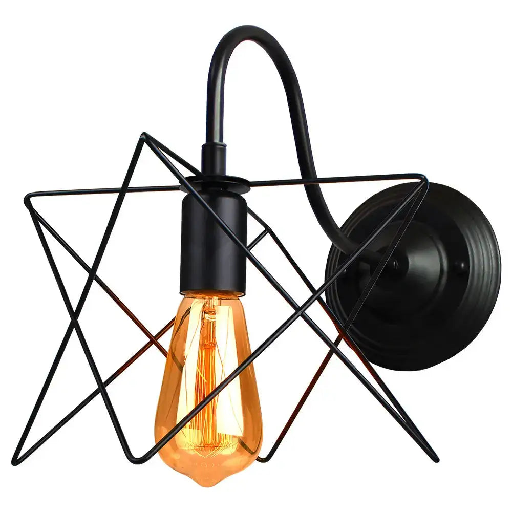 Black metal star-shaped industrial iron wall sconce decorbites featuring amber filament bulb for bedroom fixture
