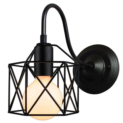 Black metal wall sconce with geometric cage design and illuminated bulb decorbites industrial iron wall fixture