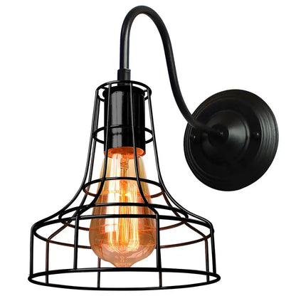 Black wrought iron industrial iron wall sconce with cage light and amber filament bulb for bedroom decorbites industrial iron