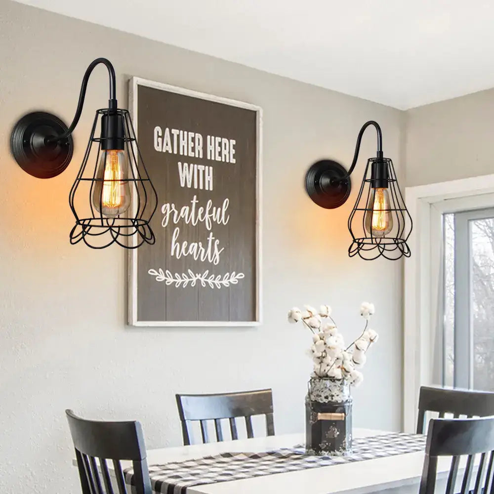 Black wrought iron cage wall sconce with exposed filament bulbs industrial iron wall decorbites fixture for bedroom