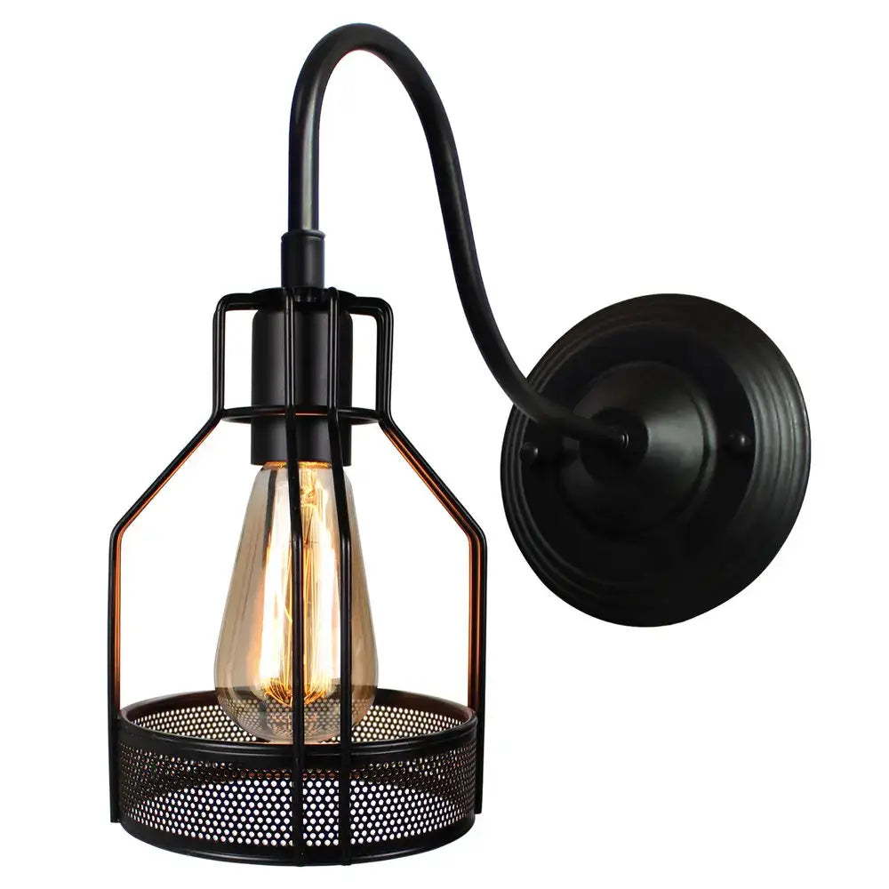 Black wrought iron industrial iron wall sconce with perforated cage and amber filament bulb for decorbites industrial iron decor