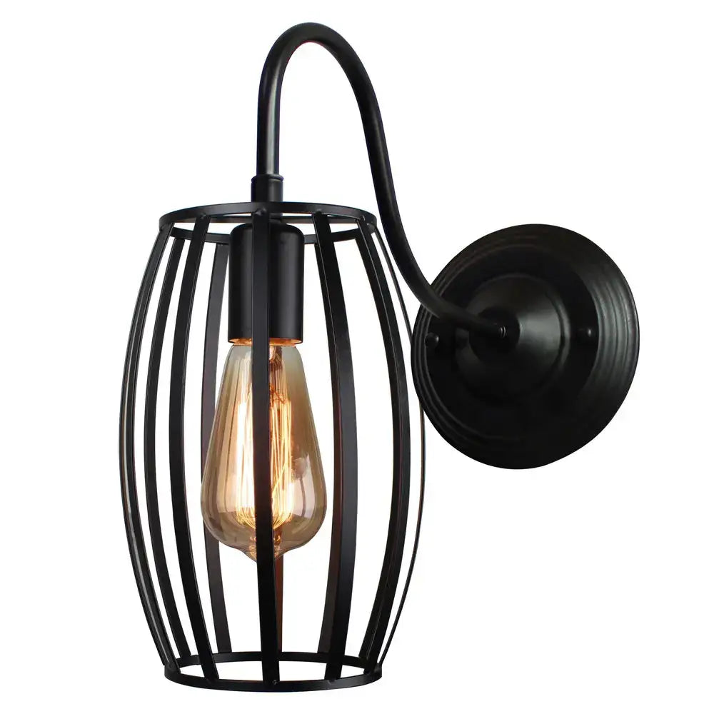 Black wrought iron wall sconce with cage design and exposed filament bulb for decorbites industrial iron wall lighting