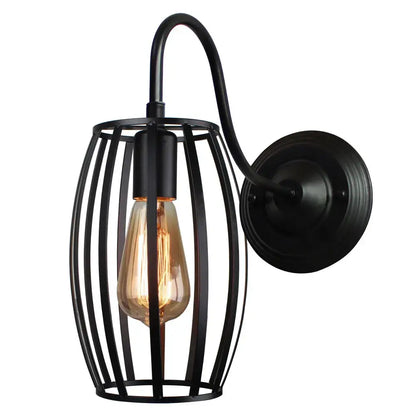 Black wrought iron wall sconce with cage design and exposed filament bulb for decorbites industrial iron wall lighting