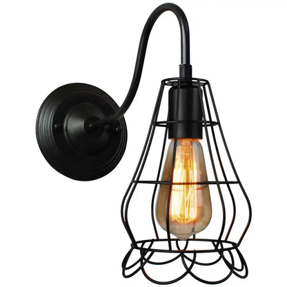 Black wrought iron wall sconce with cage design and exposed filament bulb for decorbites industrial iron wall decor