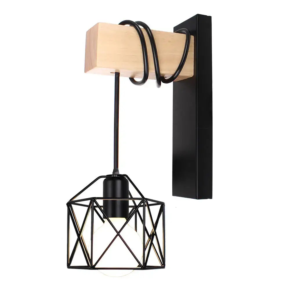 Black metal geometric wall sconce with wooden block mount and coiled cord for decorbites industrial iron wall lighting