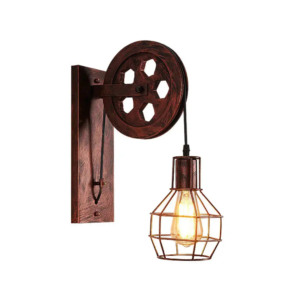 Rustic copper-colored decorbites industrial iron wall sconce with wooden pulley and wire cage lampshade for cafe decor