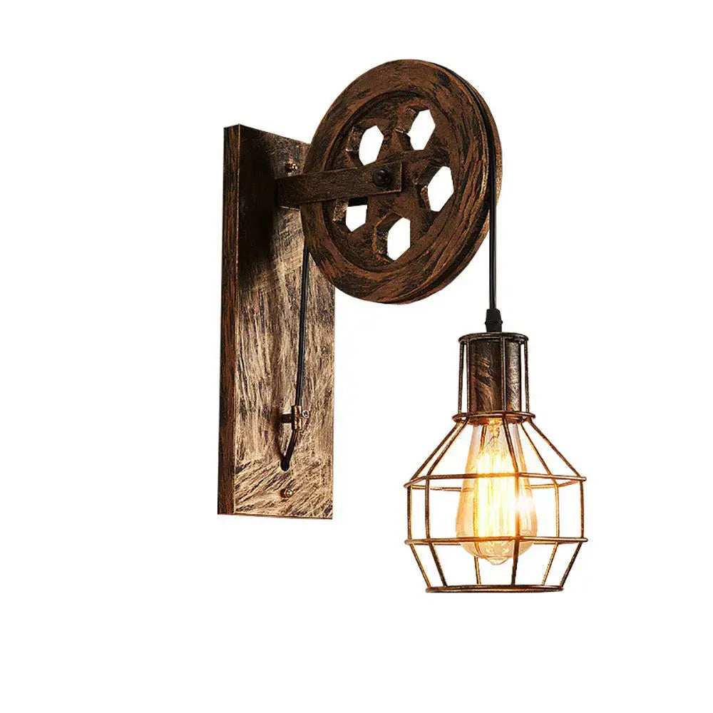 Industrial iron wall sconce with rustic wooden pulley and metal cage housing exposed bulb for decorbites industrial iron decor