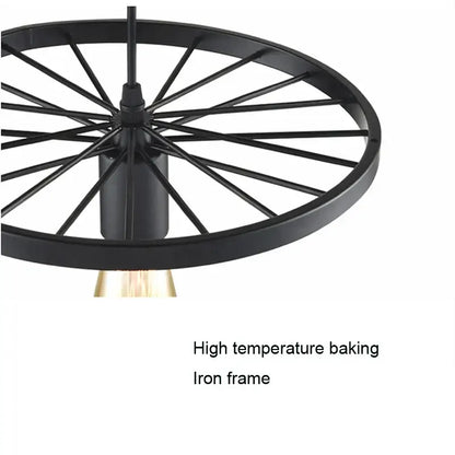 Black iron wheel chandelier with circular design and radial spokes industrial iron wheel pendant light for dining room decorbites industrial iron