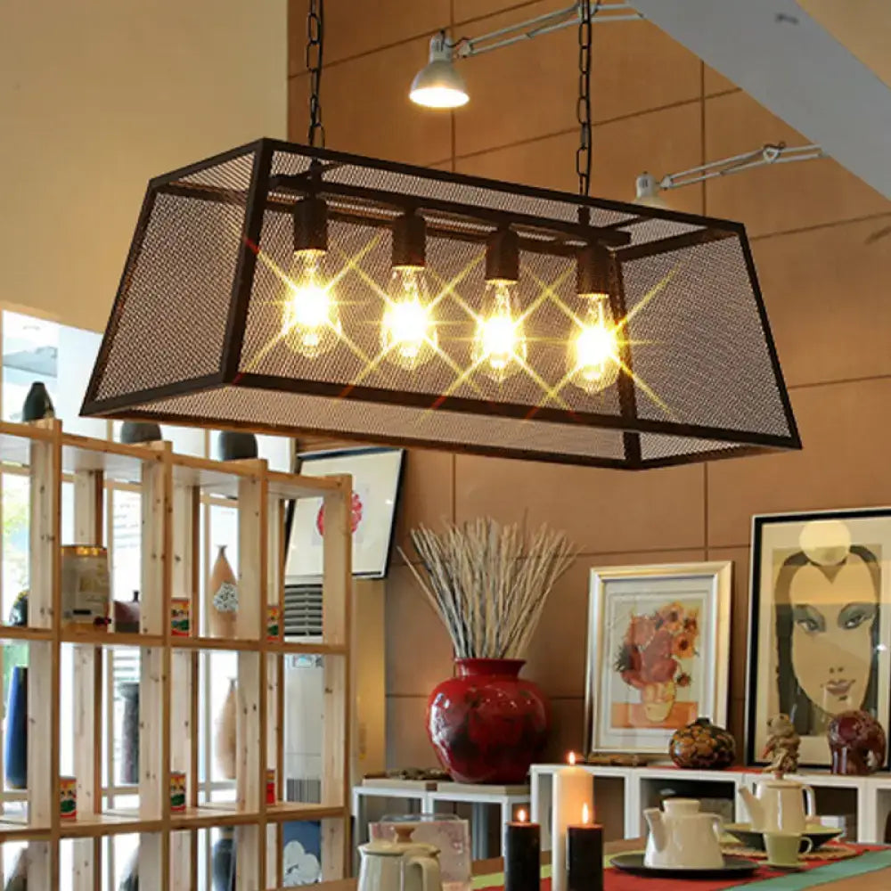 DecorBites industrial iron wire mesh pendant island lamp in black with five exposed edison bulbs for dining room 220v-240v 110v-120v