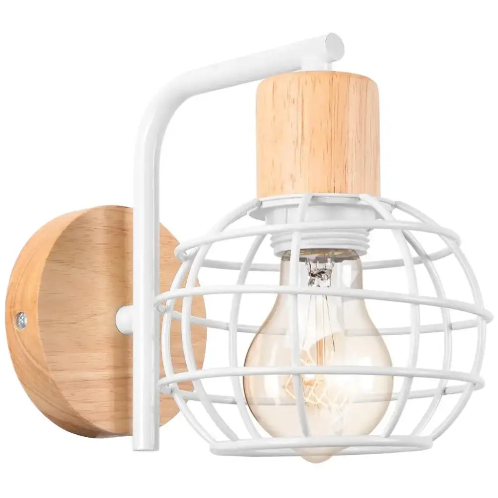 Industrial led wood wall sconce with white metal cage, natural wood finish, and exposed bulb for bedroom decorbites industrial led decor