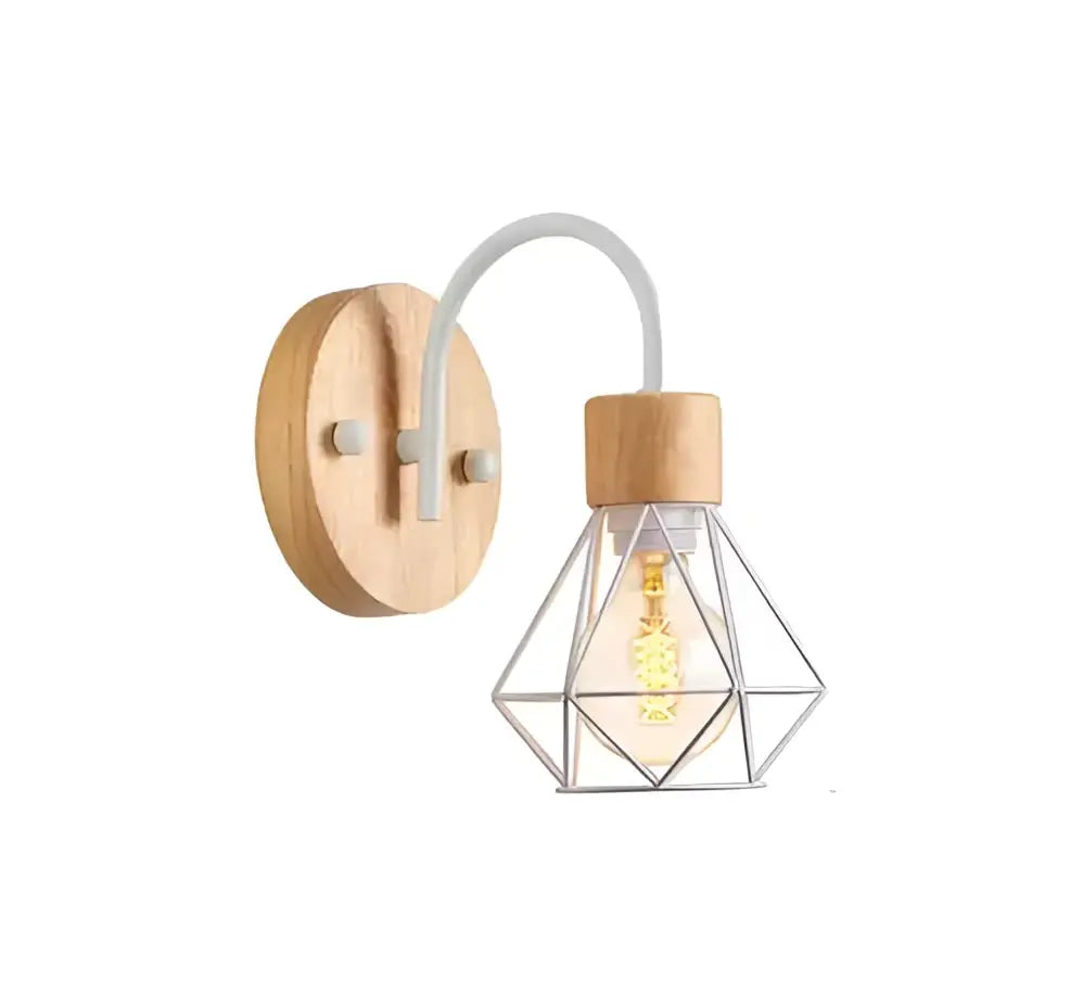 Industrial led wood wall sconce with white metal arm, natural wood base, and geometric wire cage decorbites industrial led lamp