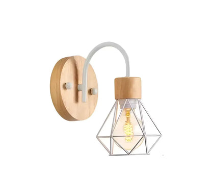 Industrial led wood wall sconce with white metal arm, natural wood base, and geometric wire cage decorbites industrial led lamp