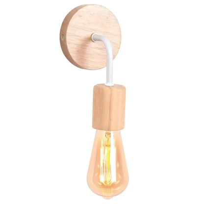 Industrial led wood wall sconce with white curved metal arm, natural wood base, and amber glass bulb for bedroom decorbites industrial led