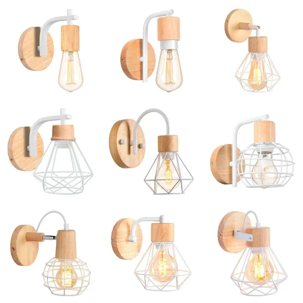 Industrial led wood wall sconce featuring wooden and white metal design with exposed edison bulbs and geometric cages